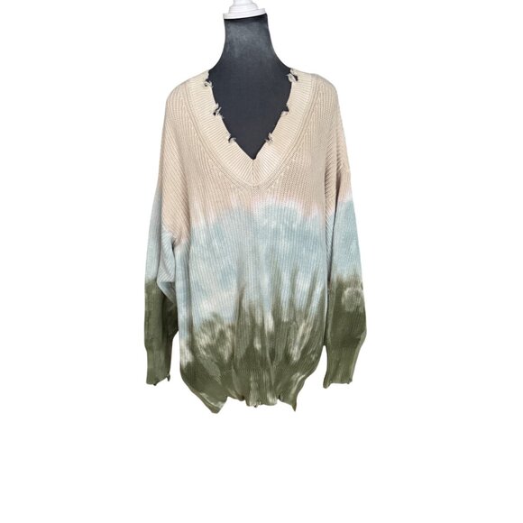 Young Fabulous & Broke Tie-Dye Distressed V-Neck Sweater M/L Cotton Blend Beige/ - Picture 2 of 6